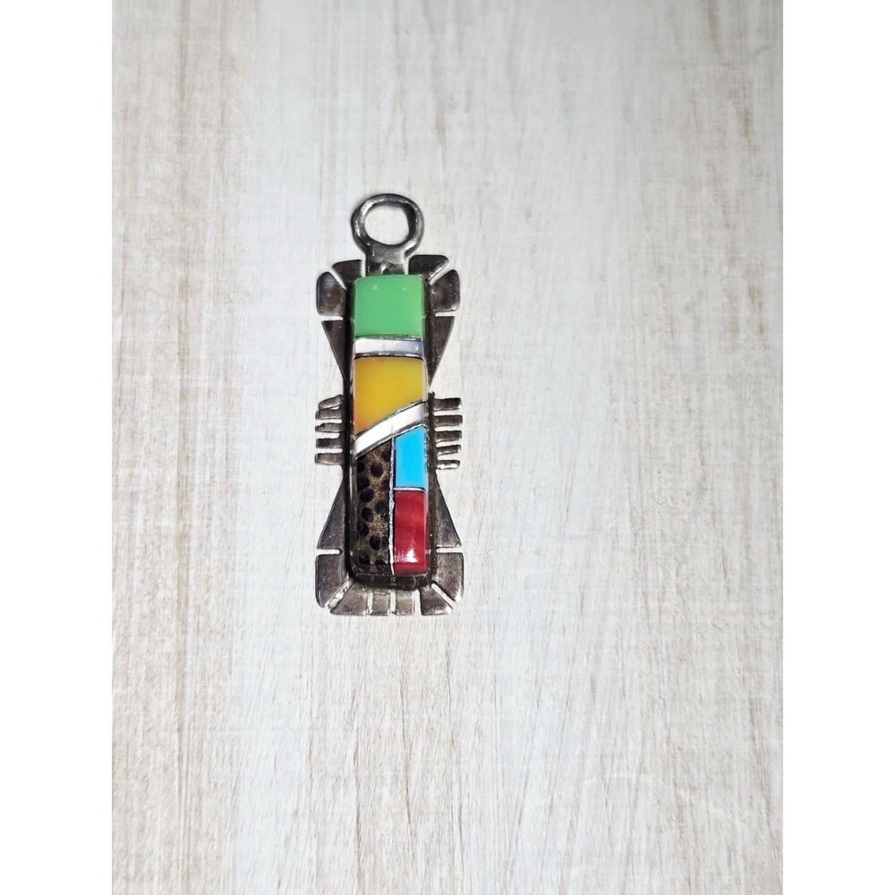 Vintage Southwestern Inlay Thunderbird Silver Tone Turquoise Coral Pendant